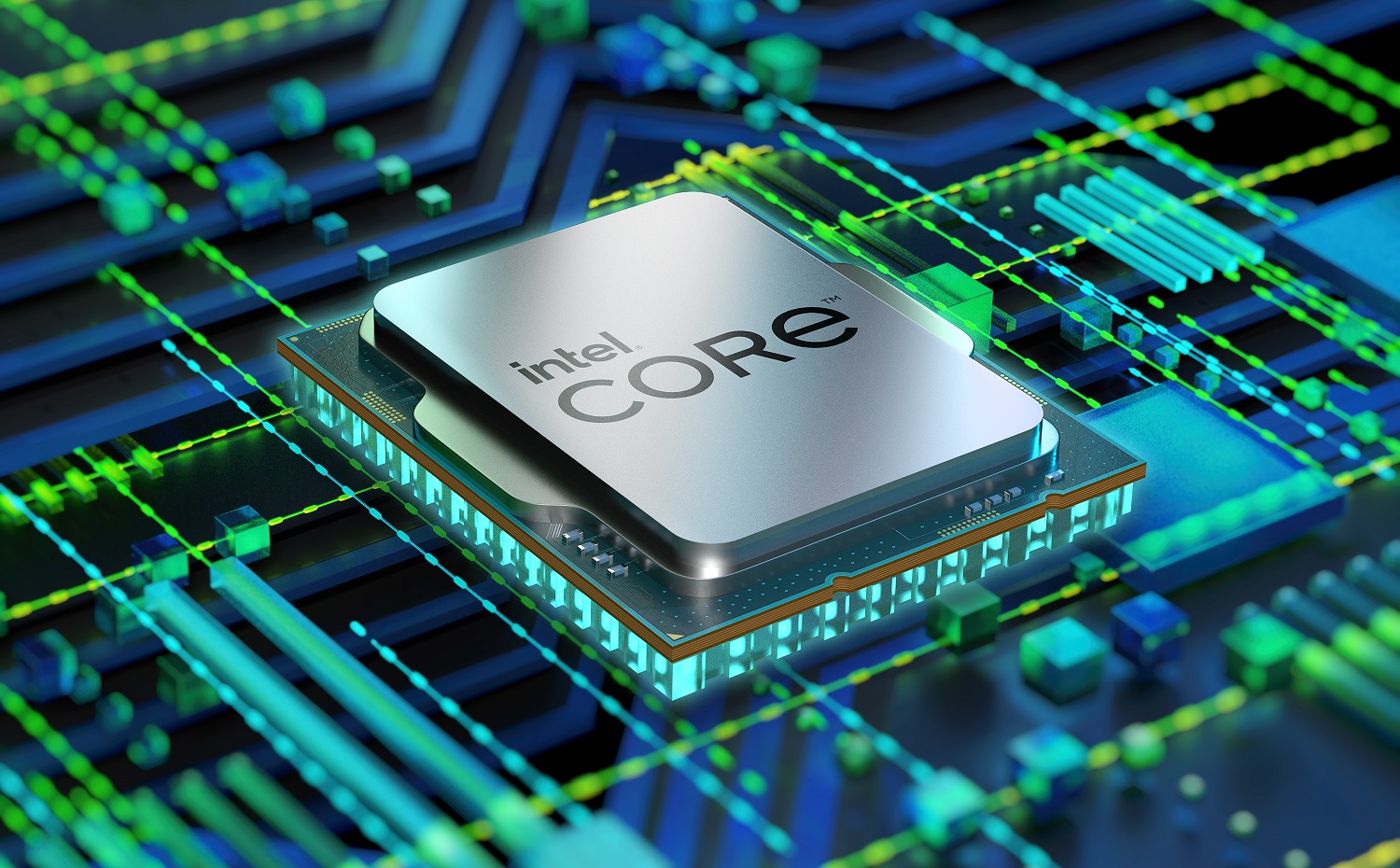 Intel Core processor on neon motherboard background