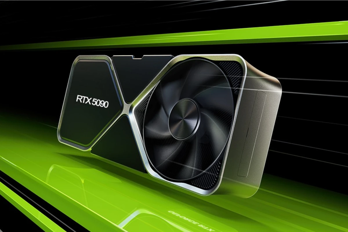 NVIDIA RTX 5090 render on green background